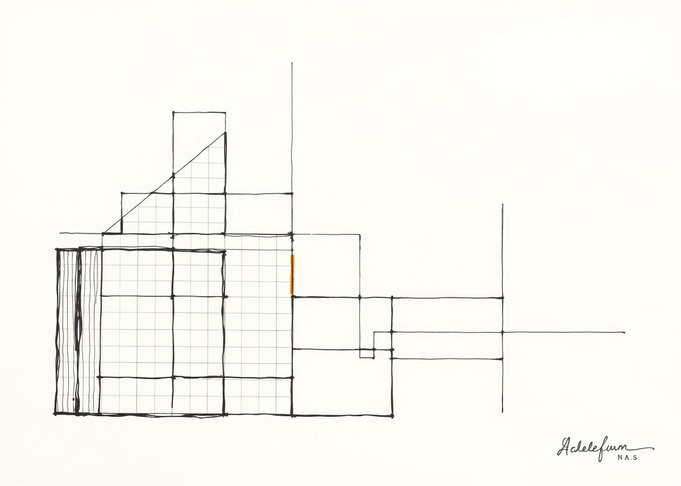Hand-drawn architectural grid diagram with a single orange accent