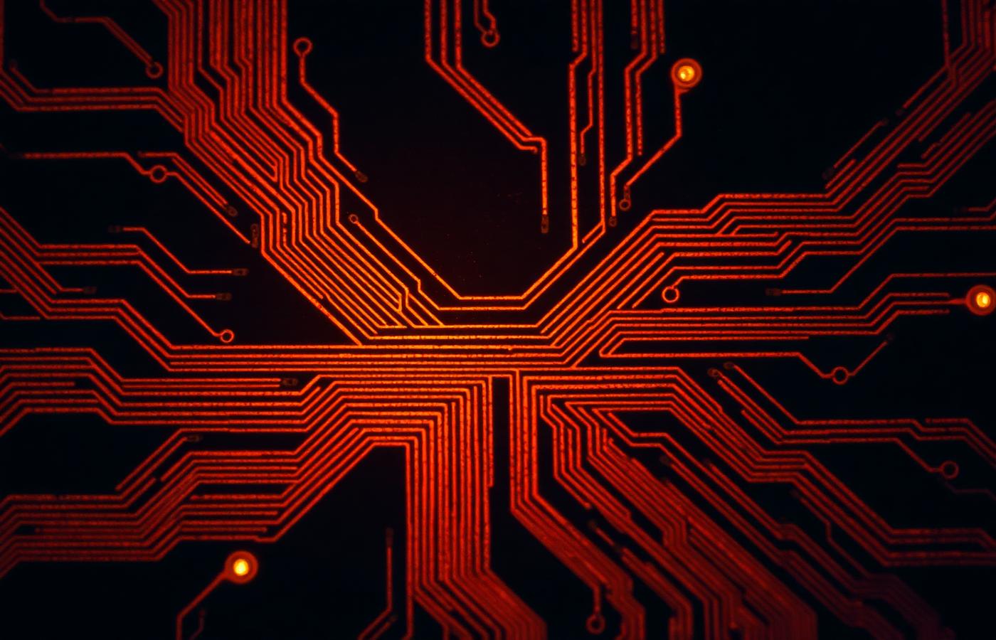 Macro photograph of glowing amber circuit board traces on a dark surface