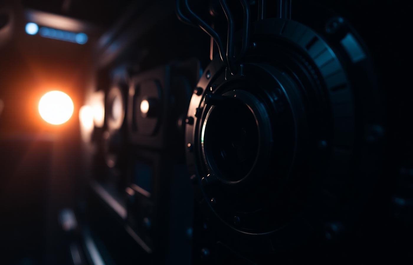 Dark vault door illuminated by a single warm light